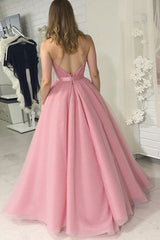 Grey Pink Prom Dress Ball Gown Spaghetti Straps Formal Dress
