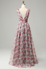 Grey and Pink Floral Bridesmaid Dress Long Wedding Guest Dress