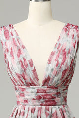 Grey and Pink Floral Bridesmaid Dress Long Wedding Guest Dress