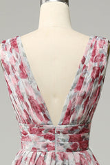 Grey and Pink Floral Bridesmaid Dress Long Wedding Guest Dress