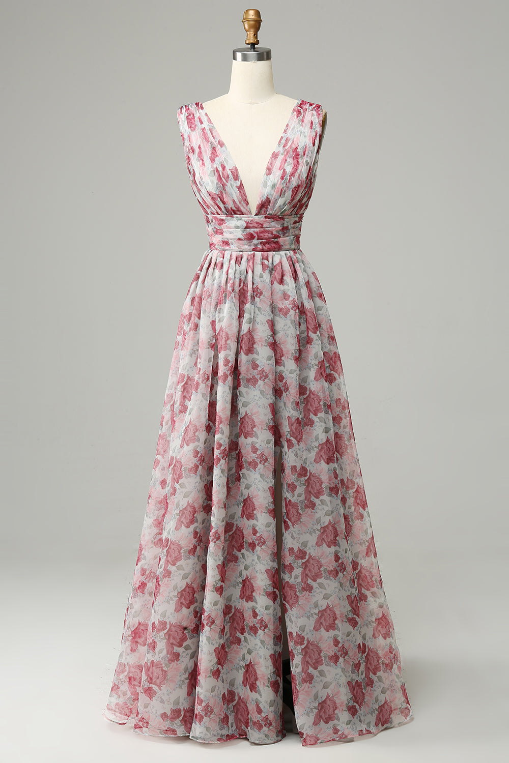 Grey and Pink Floral Bridesmaid Dress Long Wedding Guest Dress