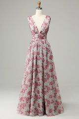 Grey and Pink Floral Bridesmaid Dress Long Wedding Guest Dress