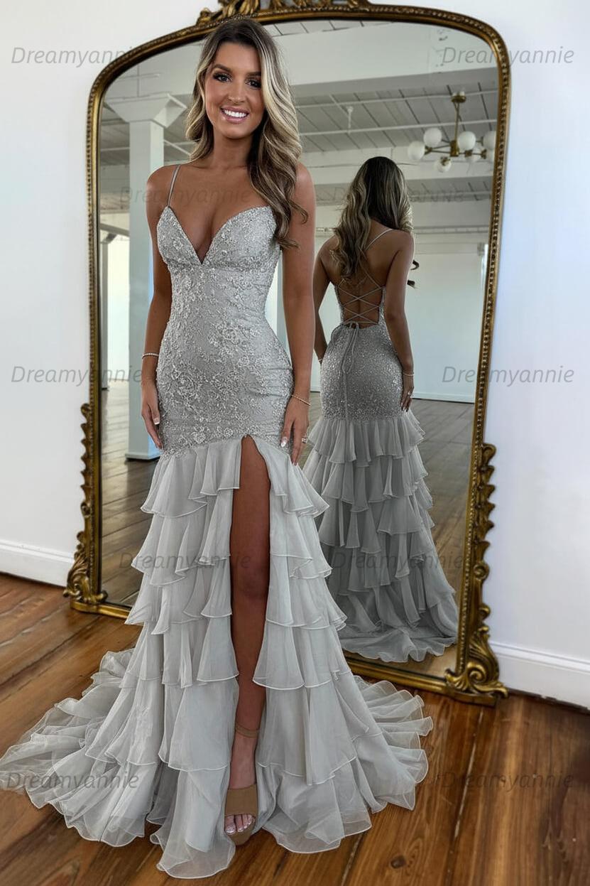 Charming Mermaid Spaghetti Straps Lace Up Long Prom Dress With Ruffle Skirt Formal Evening Gown