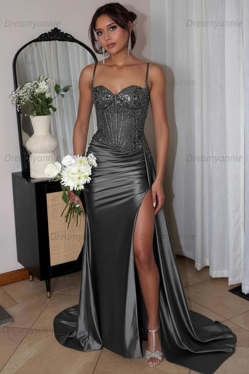 Corset Sequined Prom Dress Satin Appliqued Long Formal Dress With Slit