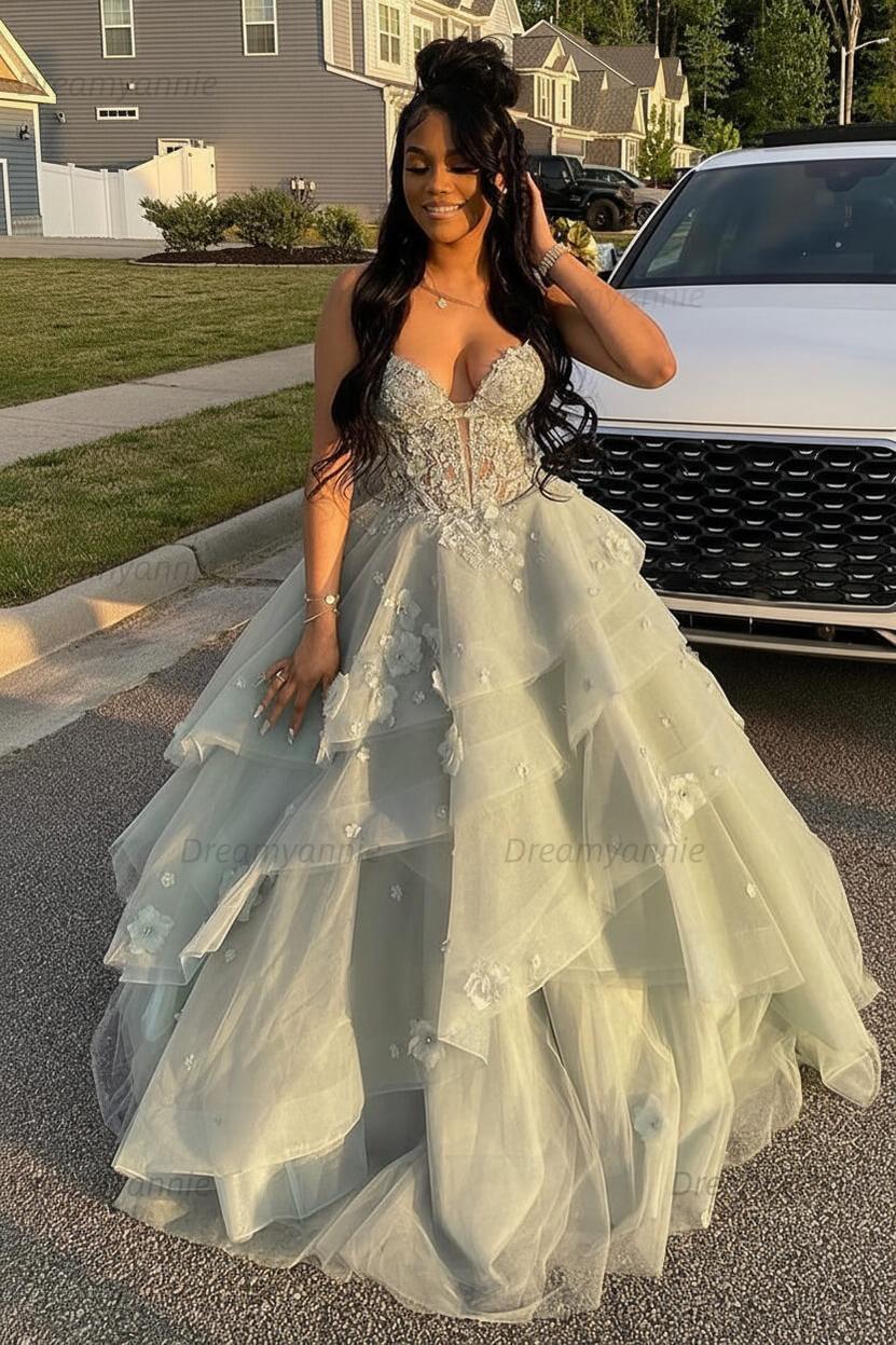 Dreamyannie Sage Prom Dress Floral Tiered Ruffles A-Line Sweetheart Corset Long Formal Dress