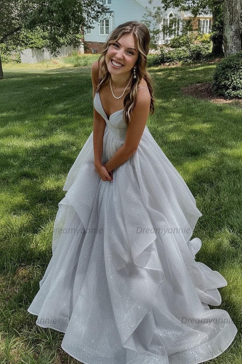 Pink Prom Dress V Neck Tulle Long Formal Evening Dress