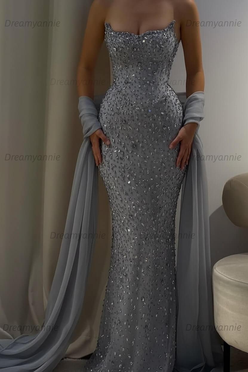 Pink Mermaid Prom Dress Strapless Beaded Evening Dress