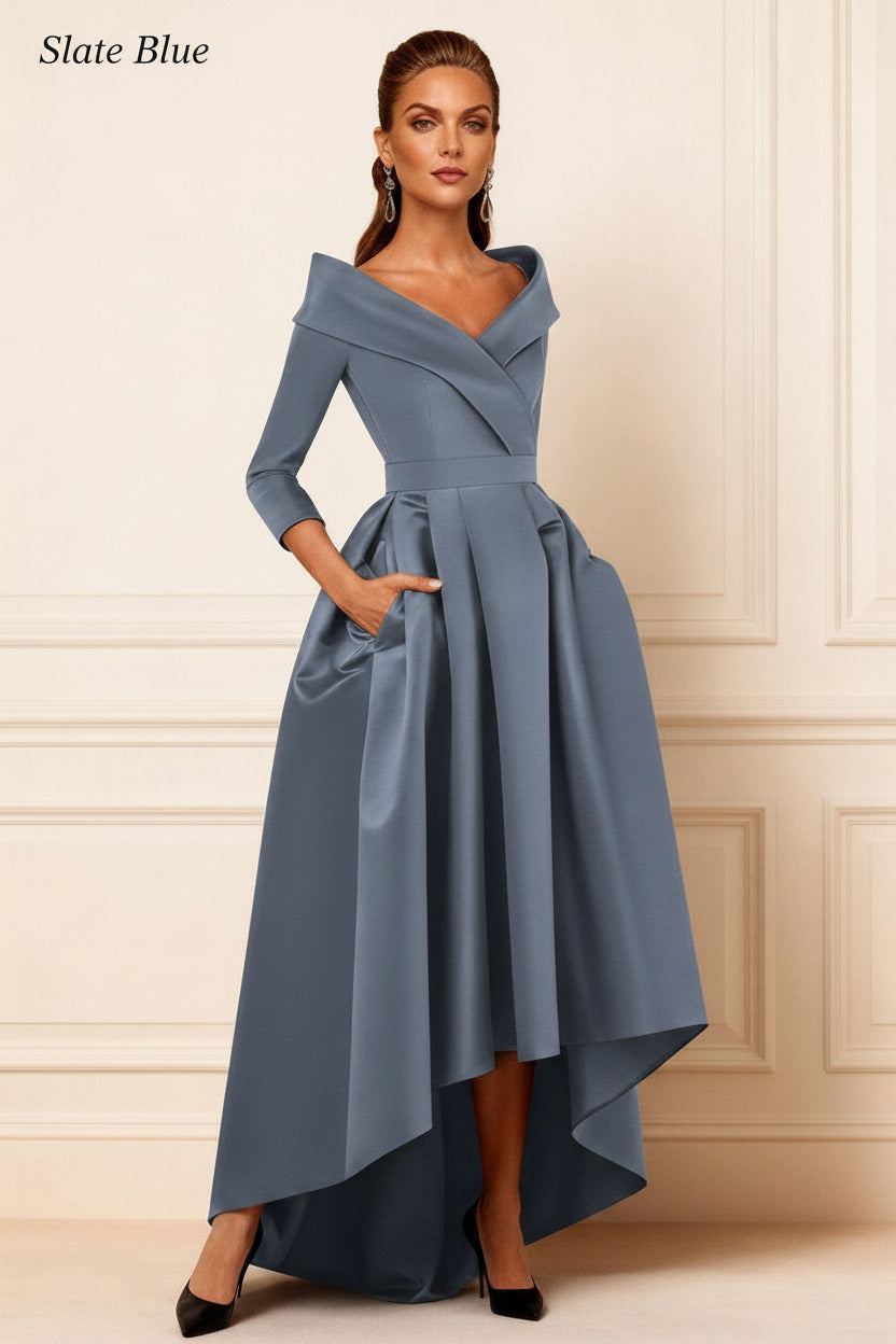 Dreamyannie Dark Navy V Neck Satin High Low Mother Of The Bride Dress With Pockets