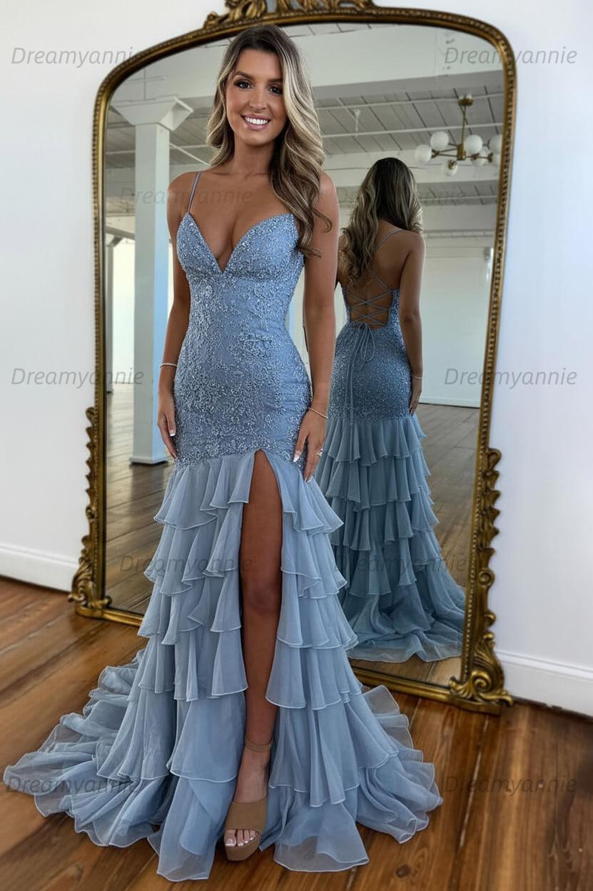 Charming Mermaid Spaghetti Straps Lace Up Long Prom Dress With Ruffle Skirt Formal Evening Gown