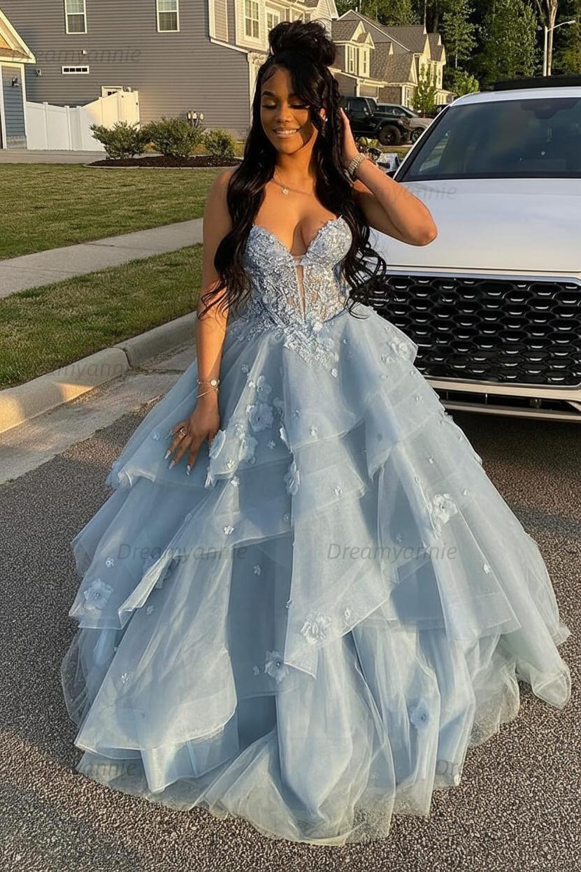 Dreamyannie Sage Prom Dress Floral Tiered Ruffles A-Line Sweetheart Corset Long Formal Dress