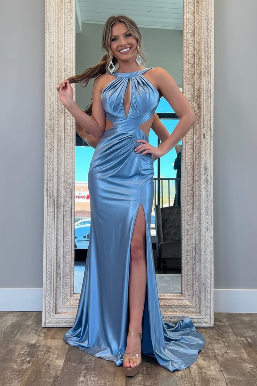 Stylish Fuchsia Metallic Mermaid Prom Dress With Slit And Open Back Formal Evening Gown