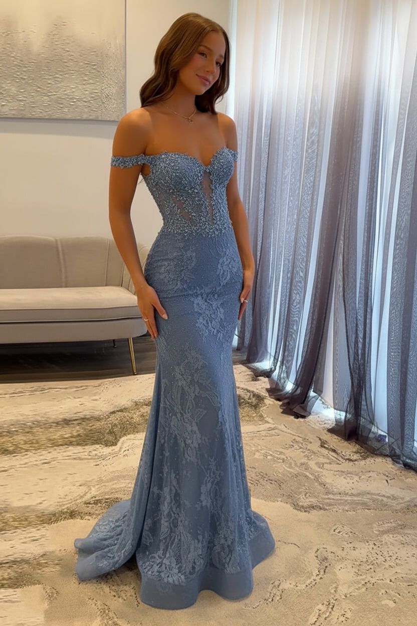 Dreamyannie Navy Prom Dress Off The Shoulder Mermaid Long Lace Formal Dress