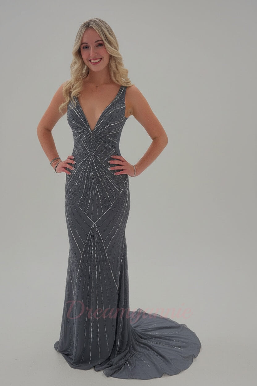 Dreamyannie Black Prom Dress V-Neck Sheath Beaded Formal Dress