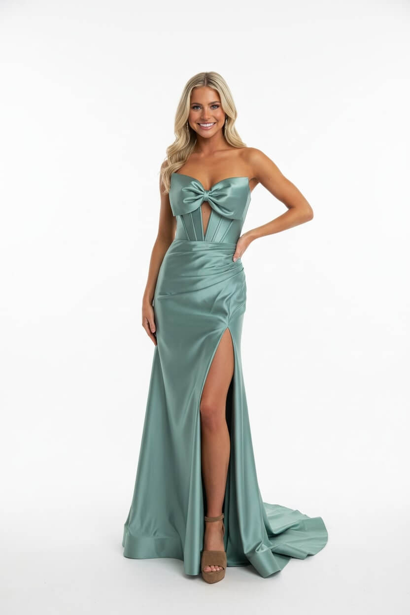Dreamyannie Corset Red Prom Dress Satin Sweetheart Evening Dress With Slit