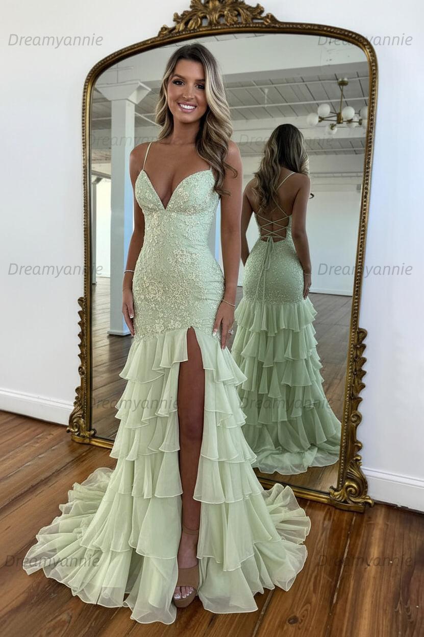 Charming Mermaid Spaghetti Straps Lace Up Long Prom Dress With Ruffle Skirt Formal Evening Gown