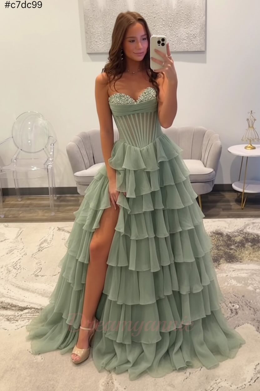 Dreamyannie Ruffled Black Prom Dress A Line Corset Long Formal Dress With Beadings