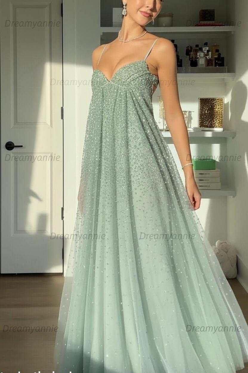 Bling A Line Spaghetti Straps Grey Blue Long Party Dress With Beading Formal Evening Gown