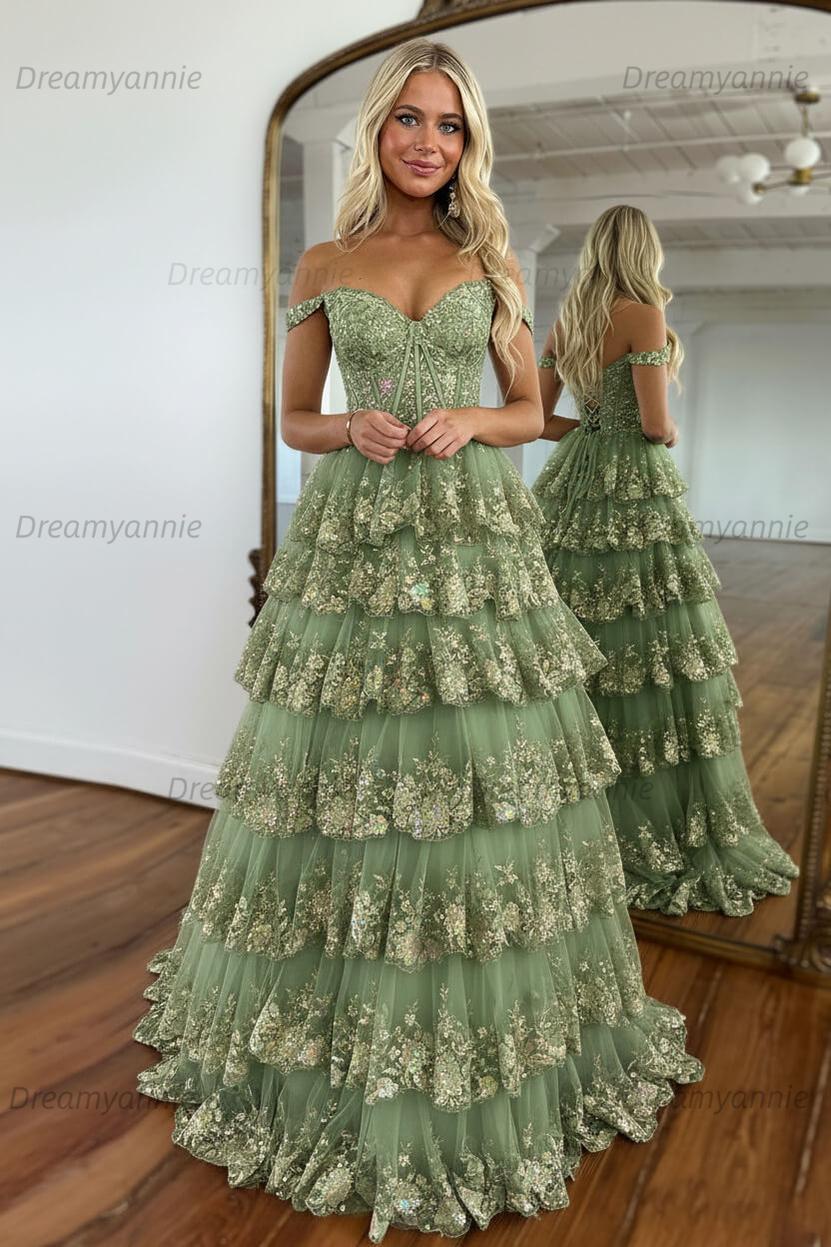 Glitter Hot Pink Corset Off the Shoulder Lace Long Prom Dress