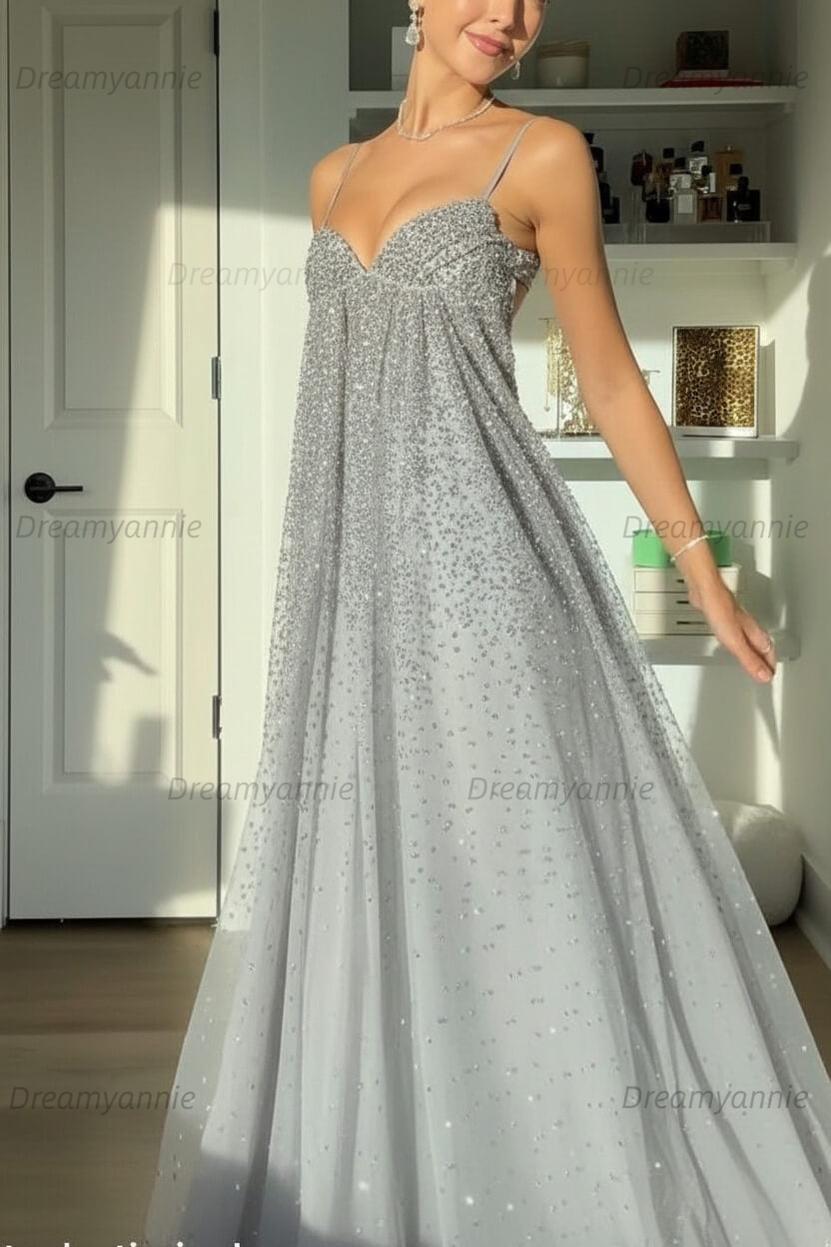 Bling A Line Spaghetti Straps Grey Blue Long Party Dress With Beading Formal Evening Gown