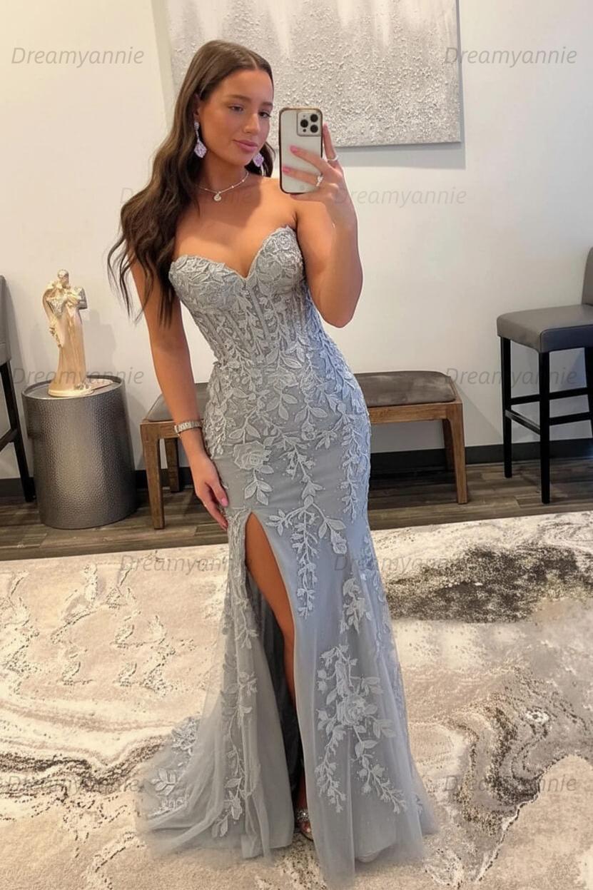 Light Blue Prom Dress Mermaid Sweetheart Corset Long Laced Evening Dress with Slit