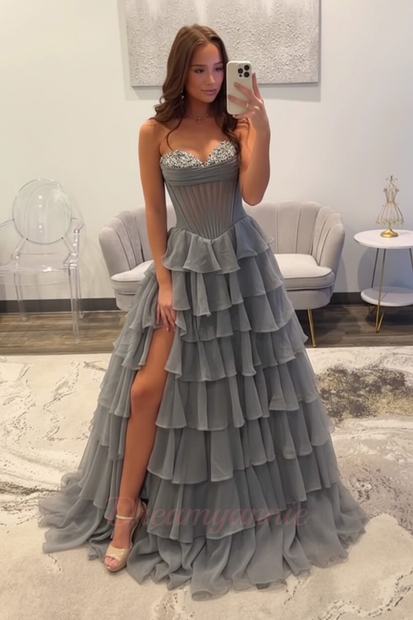 Dreamyannie Ruffled Black Prom Dress A Line Corset Long Formal Dress With Beadings