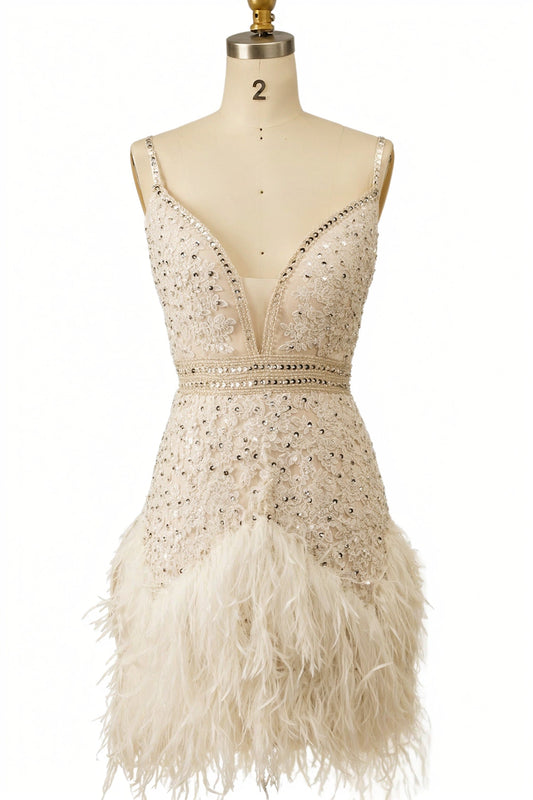 White Spaghetti Straps Sequined Short Graduation Dress with Feathers