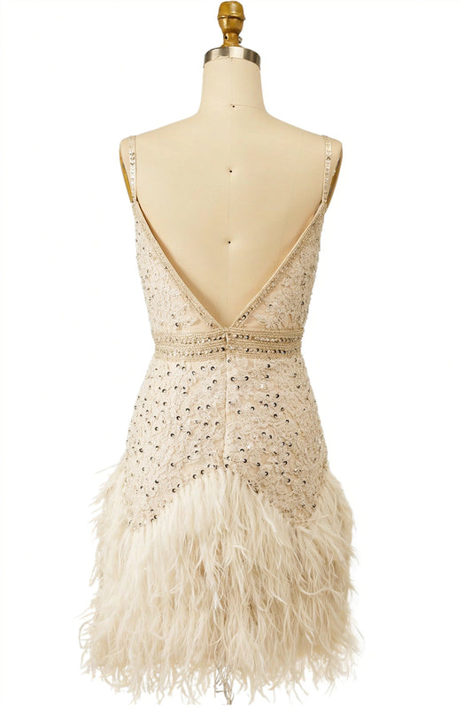 White Spaghetti Straps Sequined Short Graduation Dress with Feathers