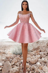 Pink Off the Shoulder Graduation Dress Ball Gown Beaded Short Cocktail Dress