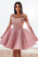 Pink Off the Shoulder Graduation Dress Ball Gown Beaded Short Cocktail Dress