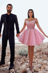 Pink Off the Shoulder Graduation Dress Ball Gown Beaded Short Cocktail Dress