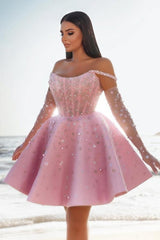 Pink Off the Shoulder Graduation Dress Ball Gown Beaded Short Cocktail Dress