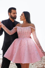 Pink Off the Shoulder Graduation Dress Ball Gown Beaded Short Cocktail Dress