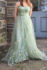 Green Prom Dress A-Line Embroidered Bowknot Sleeveless Party Dress