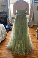 Green Prom Dress A-Line Embroidered Bowknot Sleeveless Party Dress