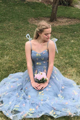 Grey Blue Prom Dress A-Line Embroidered Bowknot Sleeveless Party Dress