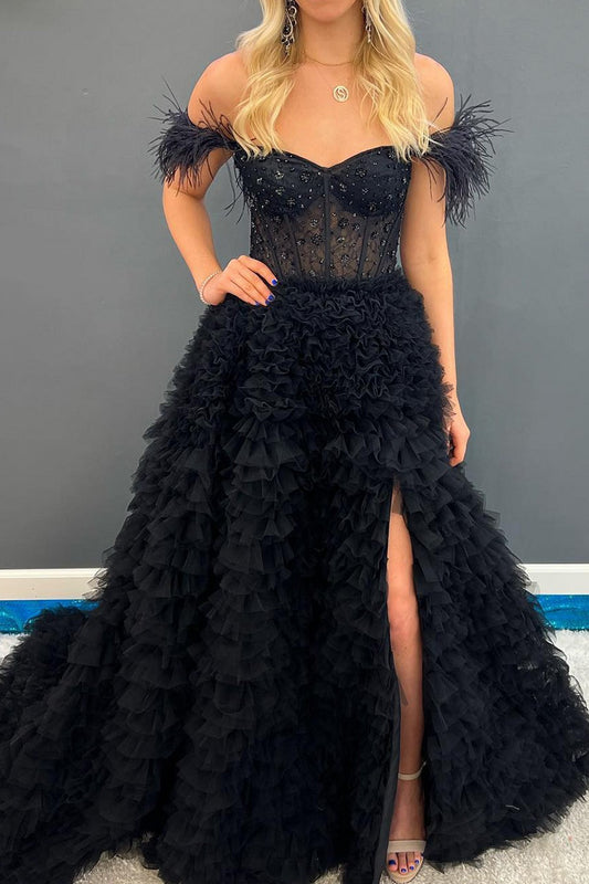 Black Off the Shoulder Corset A-Line Prom Dress with Beadings