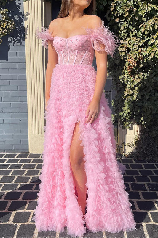 Pink Off the Shoulder Corset A-Line Prom Dress with Beadings