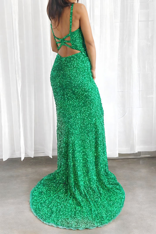 Green Mermaid Evening Dress V-Neck Sequin Prom Dress with Slit