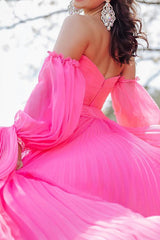 Pink Detachable Sleeves Cut-Out Long Prom Dress with Beading