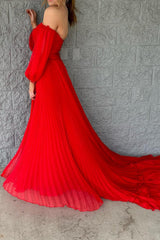 Red Detachable Sleeves Cut-Out Long Prom Dress with Beading