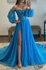 Red Detachable Sleeves Cut-Out Long Prom Dress with Beading