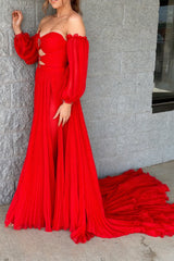 Red Detachable Sleeves Cut-Out Long Prom Dress with Beading