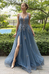 Grey Blue A-Line Tulle Appliques Long Prom Dress with Slit