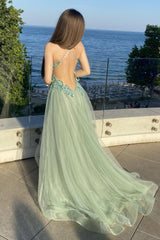 Green Spaghetti Straps Prom Dress V Neck Split Tulle Party Dress with Lace Appliques