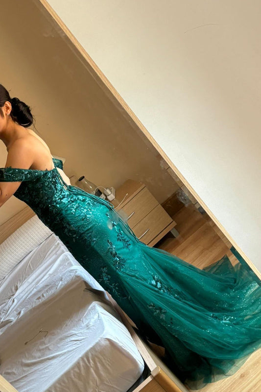 Green Mermaid Off the Shoulder Corset Prom Dress with Slit