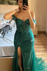 Green Mermaid Off the Shoulder Corset Prom Dress with Slit