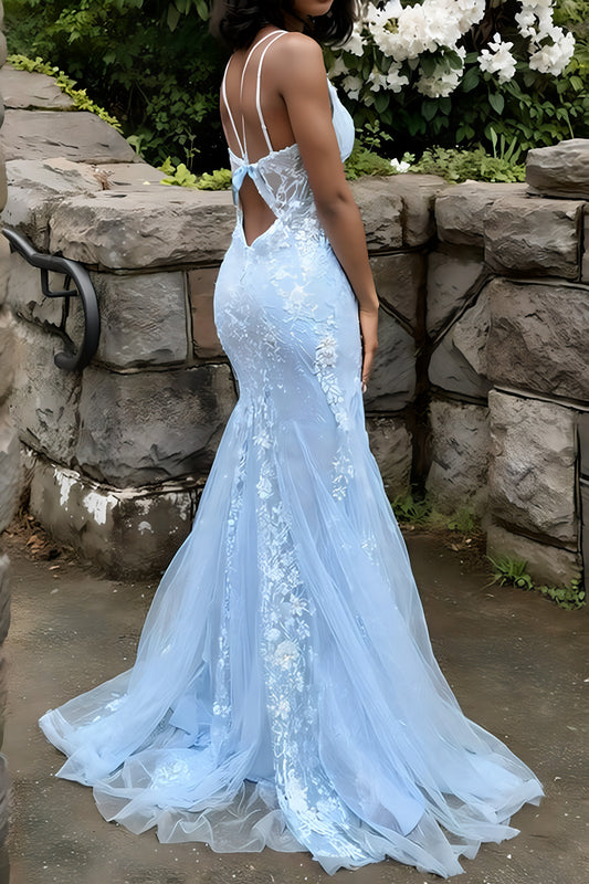 Blue Spaghetti Straps Beaded Appliques Tulle Mermaid Prom Dress