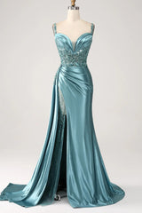 Blue Mermaid Satin Long Beaded Appliques Prom Dress With Slit