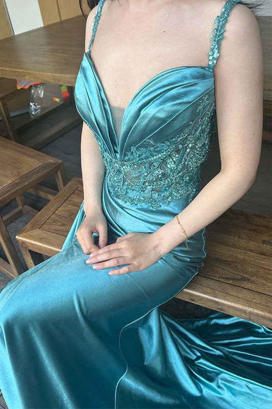 Blue Mermaid Satin Long Beaded Appliques Prom Dress With Slit