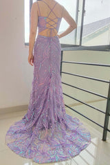 Lilac Mermaid Spaghetti Straps Long Prom Dress with Slit